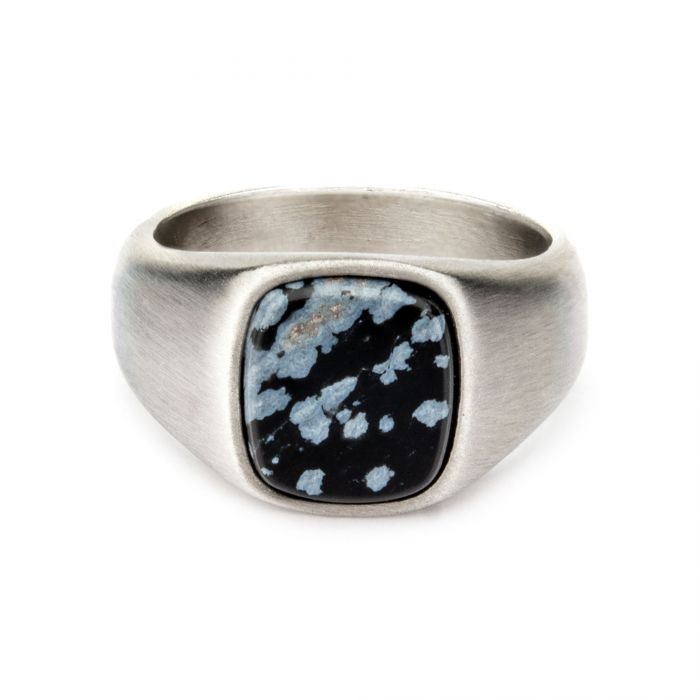Brushed Stainless Steel Ring with Snowflake Obsidian FR19976F - Click Image to Close